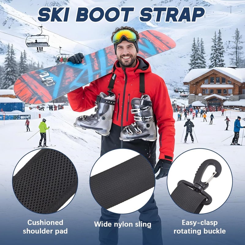 Seenelling 4 Pcs Ski Boot and Pole Carrier Straps Skiing Accessories 2 Anti Slip Boot Straps 2 Adjustable Shoulder Slings with Cushioned Pad and Buckle, Outdoor Winter Essential for Men Women - Image 4
